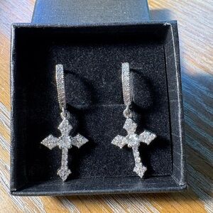 Silver Ornate Cross Earrings with Sparkling Stones